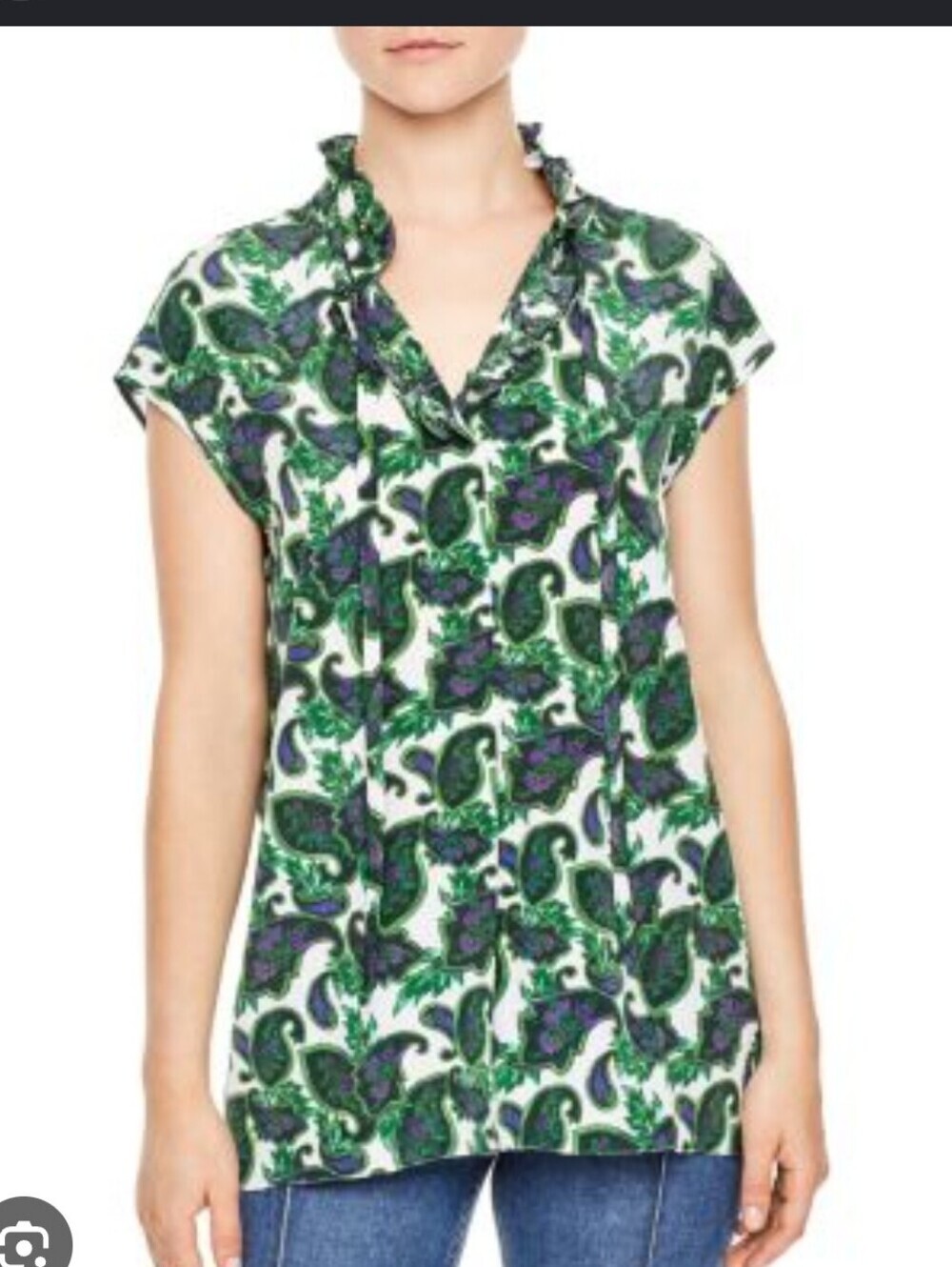 Sandro Green & Purple Paisley Silk V-Neck Top